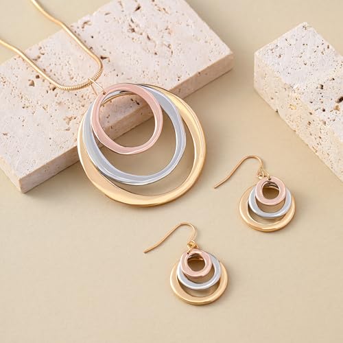 3 Circles Silver Hoop Earrings Necklace Set for Women Geometric Jewelry Set | 925 Silver Hypoallergenic Small Hoop Circle Geometry Textured Finish Minimalist Style Comfortable Wear - style: Tri-tone Hoop