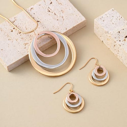 3 Circles Silver Hoop Earrings Necklace Set for Women Geometric Jewelry Set | 925 Silver Hypoallergenic Small Hoop Circle Geometry Textured Finish Minimalist Style Comfortable Wear - style: Tri-tone Hoop