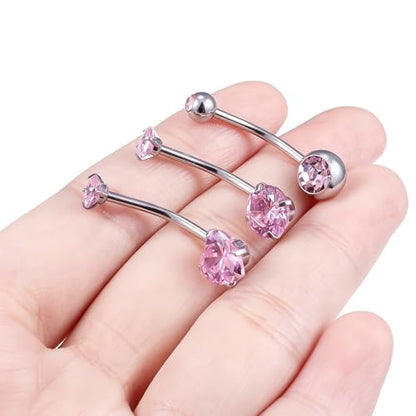 Belly Button Rings Surgical Steel Internally Threaded Belly Button Ring 10MM/12MM/14MM/16MM Navel Rings for Women Clear CZ 14G Long Bar Navel Piercing Jewelry - color: pink, size: 16mm bar length