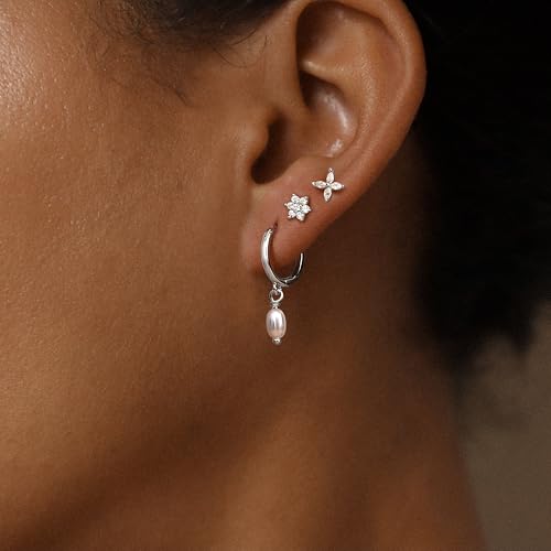 Sterling Silver Earrings Stacks for Women, Hypoallergenic Cartilage Earring | Dainty Stud Huggie Hoop Dangle Chain Earrings, 14K Gold/White Gold Plated - color: 3Pairs-Pearl Flower Set-Silver