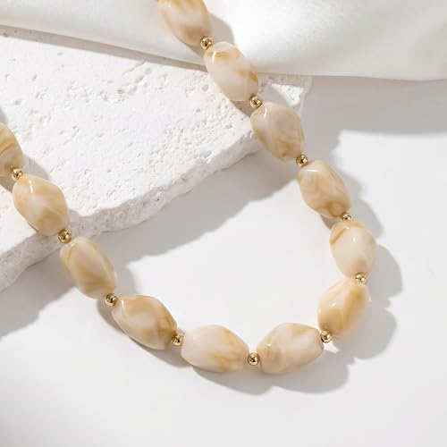 Boho Chunky Beaded Necklace for Women Lightweight Resin Beads for Summer Beach & Vacation Trendy Statement Jewelry Gift for Her - color: Beige