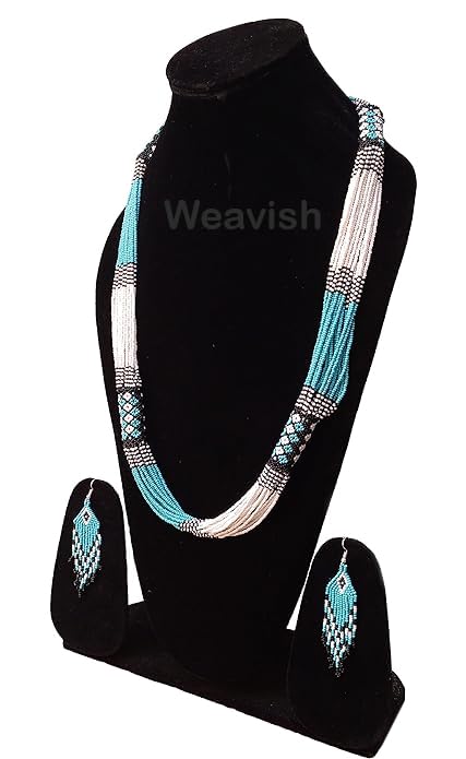 Boho Native Handmade Seed Bead Tassel Necklace, Bohemian Large Statement Beaded Necklace for Women (Turquoise)