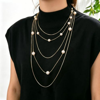 Long Layered Pearl Necklace for Women Big Large Beaded Statement Charm Necklace,Strand Multiple Strand Pearl Choker, Shirt & Sweater Wedding Party Jewelry Gifts - color: pearl-Five