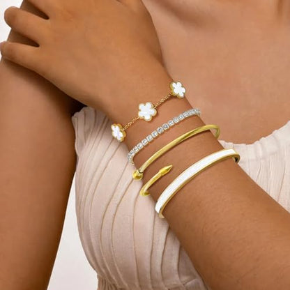 MOINSPIRE Gold Bracelets for Women, 18K Gold Plated Tennis Nail Clover love Bangle Bracelets Set Non Tarnish, Stainless Steel Trendy Stackable Bracelet Fashion Jewelry Accessories Gifts for Christmas - color: A2-White
