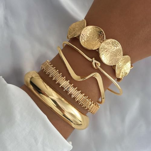 Golden Stackable Bracelets Set for Women Trendy Multi Layer Adjustable Chunk Flower Cuff Bracelet Geometric Irregular Wave Statement Bangle Glamour Stacking Cuff Jewelry - color: Gold-C