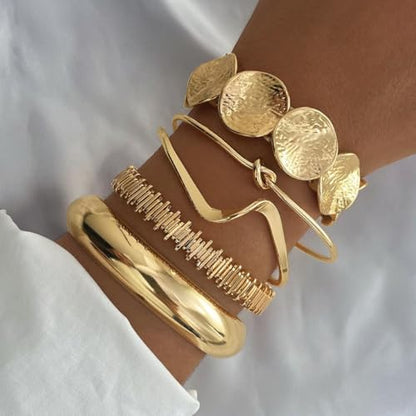 Golden Stackable Bracelets Set for Women Trendy Multi Layer Adjustable Chunk Flower Cuff Bracelet Geometric Irregular Wave Statement Bangle Glamour Stacking Cuff Jewelry - color: Gold-C