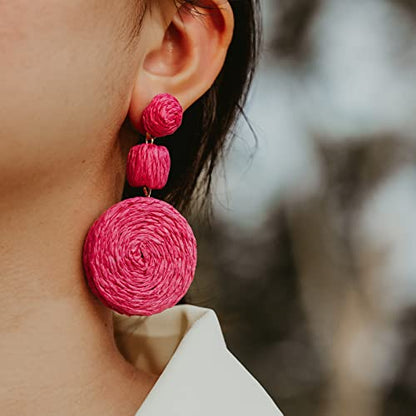 Statement Raffia Boho Round Dangle Ball Earrings - Cute Handmade Summer Bohemian Dangling Jewelry for Women - color: Rose