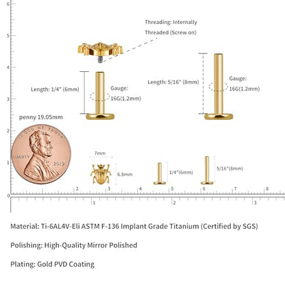 16G 6mm 8mm ASTM F136 Titanium Cartilage Piercing Jewelry Stud for Tragus Helix Conch Flat - color: Beetle - Gold