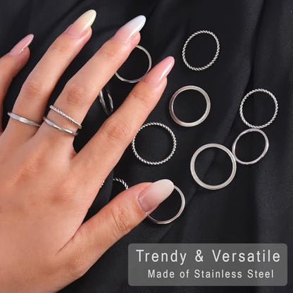 2mm 18Pcs No Tarnish Stainless Steel Thin Rings | PVD Gold Plated, Fadeless, Waterproof, High Polish, Hypoallergenic - color: Silver