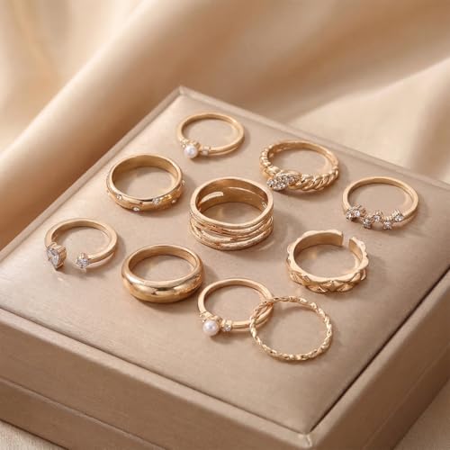 42-Piece Gold Tone Stackable Ring Set for Women, Boho Minimalist Stacking Rings with Crystal & Heart Accents, Adjustable Open Band Jewelry for Daily Wear - style: TZJ-003353-01