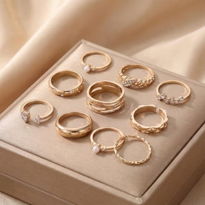 42-Piece Gold Tone Stackable Ring Set for Women, Boho Minimalist Stacking Rings with Crystal & Heart Accents, Adjustable Open Band Jewelry for Daily Wear - style: TZJ-003353-01