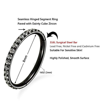 GAGABODY Surgical Steel Hypoallergenic Nose Ring Earring CZ Hoop for Unisex | Hinged Seamless Clasp,Used in Nostril,Septum,Lip,Eyebrow,Nipple and All Ear Piercings.22G to 12G,Inner Diameter 5mm to 14mm - color: Style1:Black+Clear CZ, size: 16G-8mm