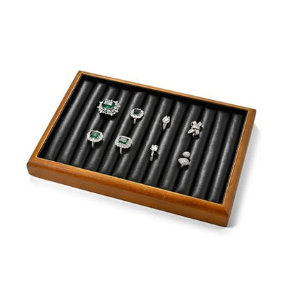 Oirlv Black Wood Jewelry Ring Display Tray | Black Solid Wood Frame, Soft Leather Interior, 9.84X17X1.18in Ring Tray, Beautiful Finish, Protects Jewelry - color: Black, size: 11 slot