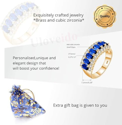 Uloveido Beautiful Women's 7 Stones Wedding Band Oval Cubic Zirconia Engagement Anniversary Rings J501 - color: Gold-Dark Blue