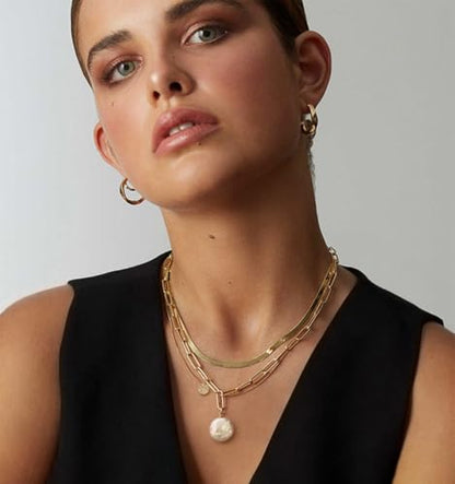 18k Gold Plated Chain Link Necklace for Women, Baroque Pearl/Compass Pendant Necklace - color: Coin Pearl