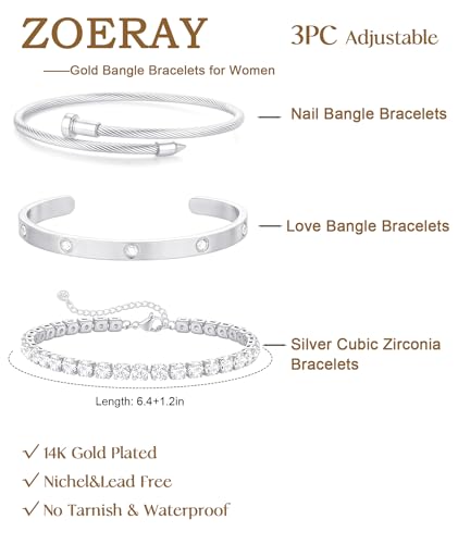 ZOERAY Silver Gold Bangle Bracelets for Women Non Tarnish 14k Gold Plated Stackable Cuff Bracelets for Women Trendy Cubic Zirconia Stainless Steel Chunky Bracelet Stack Set Waterproof Jewelry Gifts - color: B.Tennis-Silver