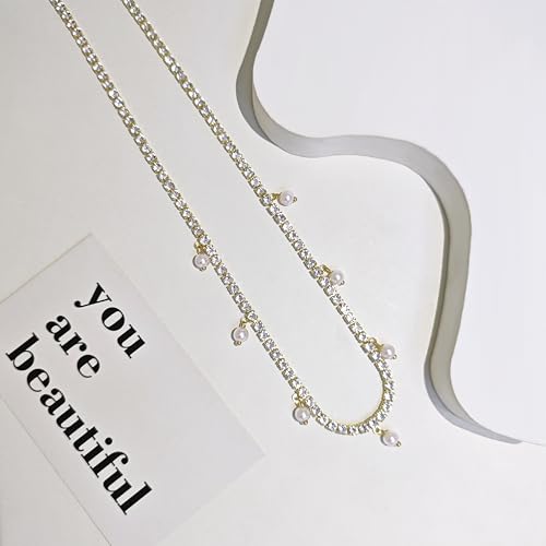 Luxval Tennis Necklace 14K Gold Plated Rhinestone Butterfly Choker Necklaces for women Dainty Zirconia Cut Faux Diamond chain 3mm - color: Gold-Pearl dangle tennis
