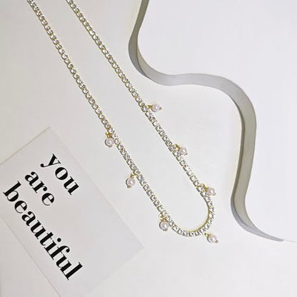 Luxval Tennis Necklace 14K Gold Plated Rhinestone Butterfly Choker Necklaces for women Dainty Zirconia Cut Faux Diamond chain 3mm - color: Gold-Pearl dangle tennis