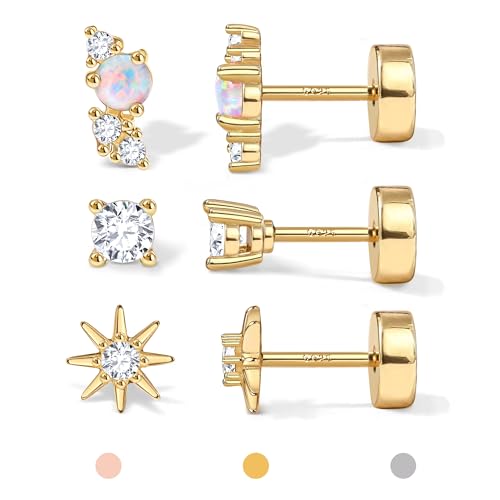 14K Gold Plated 925 Sterling Silver Flat Back Earrings Set | Hypoallergenic Cartilage Helix Conch Tragus Piercing Jewelry 3 Pairs Small Screw Dainty CZ Opal Earring Set Men Women - color: Gold, Style A