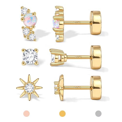 14K Gold Plated 925 Sterling Silver Flat Back Earrings Set | Hypoallergenic Cartilage Helix Conch Tragus Piercing Jewelry 3 Pairs Small Screw Dainty CZ Opal Earring Set Men Women - color: Gold, Style A