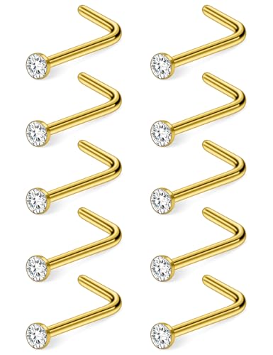 Hoeudjo Nose Studs Surgical Steel Cubic Zirconia Nose Rings Kit for Women Men Tiny Nose Stud Bone & Screw & L Shaped Nostril Piercing Jewelry 18/20/22/24 Gauge 10 Pieces - color: gold-tone,L-shaped nose studs, size: 20g/2mm clear CZ