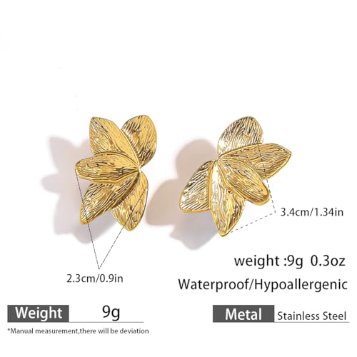 Gold Statement Earrings For Women, 14K Gold Plated Textured Geometric Drop Earrings - Hypoallergenic Stainless Steel Statement Earrings for Women, Waterproof Fan-Shaped Dangle Earrings for Beach & Daily Wear - color: Flower DKE252074GL