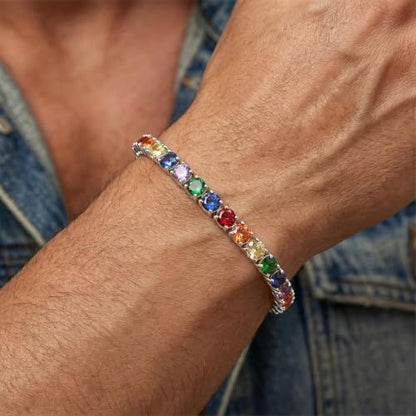 925 Sterling Silver Bracelets for Women Stack, Trendy Tennis Bangle Cuff Jewelry Set 14K Gold Plated, Adjustable Bracelet Set for Wrist Essentials, Women Fashion Watch Band Acecessories - style: SZ-TENNIS-rainbow4mm-silver