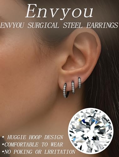 316L Surgical Steel Huggie Hoop Earrings | Dainty Pave Cubic Zirconia Cartilage Tiny Earring for Sensitive Ears Hypoallergenic Lightweight for Women Men - style: Black,18G*8/10/12mm