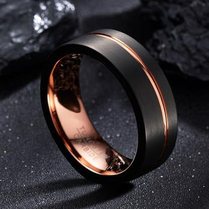 Tungsten Rings for Men 8mm Rose Gold/Blue Grooved Rose Gold and Black/Browm/Blue Two Tone Wedding Band Size 5-14 - color: Black + Rose Gold