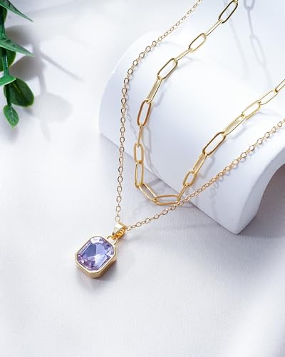 Gold Layered Necklaces for Women, 18k Gold Plated Crystal Necklace Paperclip Choker Emerald Green Jewelry for Women Gifts - color: Purple