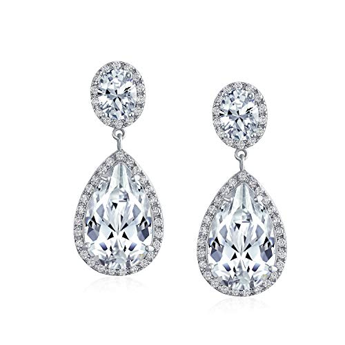 Bling Jewelry Large Teardrop Cubic Zirconia Pave CZ Halo Statement Dangle Clip On Earrings For Women Gold Silver Plated Brass - color: Silver