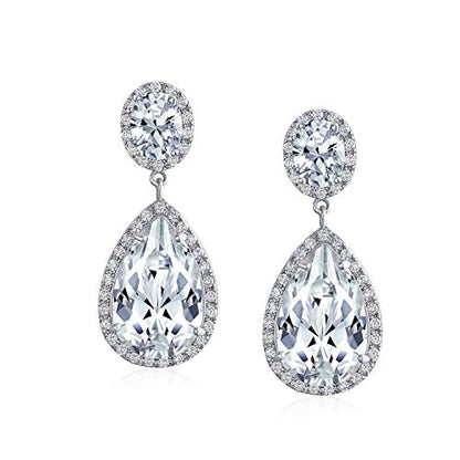 Bling Jewelry Large Teardrop Cubic Zirconia Pave CZ Halo Statement Dangle Clip On Earrings For Women Gold Silver Plated Brass - color: Silver