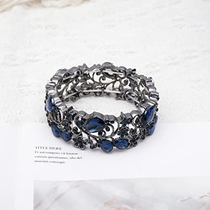 CSY Elegant Crystal Costume Jewelry Sets Flower Bridal Necklace Earrings Stretch Bangle Set for Bride Bridesmaid Wedding Dress Accessories - color: navy blue crystal