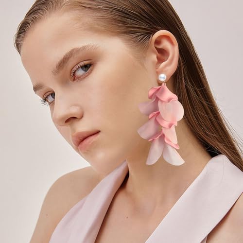 Handmade Bohemian Lightweight Fabric Flower Dangle Drop Earrings Chic Pearl Large Tassel Petal Stud Earrings For Women - color: Pink