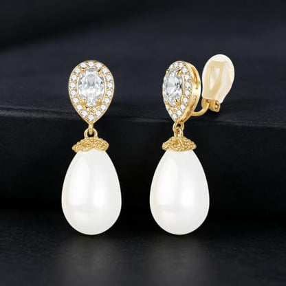 Teardrop Austrian Crystal & Pearl Drop Earrings,14K Gold Plated Elegant Dangle Earrings for Women, Bridal Wedding Jewelry Gift - color: Gold/Clip