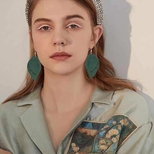 Genuine Leather Handmade Fringe Feather Lightweight Dangle Drop Earrings Teardrop Tassel Hook Earrings for Women - style: 2 Grass Green