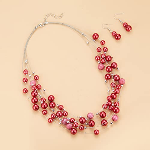 FULU AUTUMN Layered Pearl Necklace Multi-strand Pearl Choker Necklaces for Women Beaded jewelry for Wedding Parties - color: 37-Red