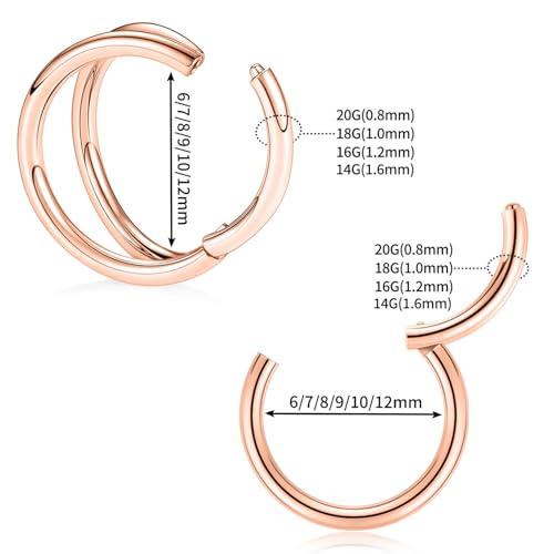 GAGABODY 2 Pcs Nose Rings 22G 20G 18G 16G 14G 12G 10G 8G Surgical Steel Piercing Rings for Nose Septum Cartilage Helix Tragus Conch Rook Daith Lobe from 5mm to 16mm Seamless Hoop Unisex Hinged Earrings - color: Rose Gold-Single&Double Hoop