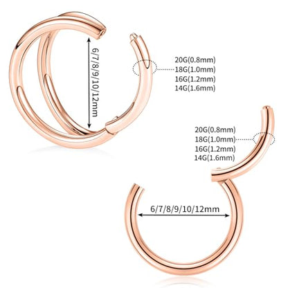 GAGABODY 2 Pcs Nose Rings 22G 20G 18G 16G 14G 12G 10G 8G Surgical Steel Piercing Rings for Nose Septum Cartilage Helix Tragus Conch Rook Daith Lobe from 5mm to 16mm Seamless Hoop Unisex Hinged Earrings - color: Rose Gold-Single&Double Hoop