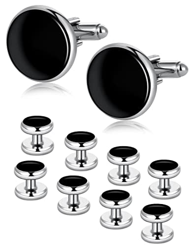 10Pcs Cufflinks for Men Classic Design Carbon Fiber Cufflinks Tuxedo Shirt Stud Set for Wedding Business Birthday Meeting Black Tone Cufflinks - style: A:10Pcs, round