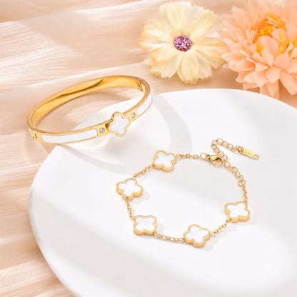 Gold Clover Bangle Bracelets for Women Men 2pcs Bracelet Stack | 18K Gold Plated Stainless Steel Non Tarnish,Chunky Black and White Jewelry,Four Leaf Clover Bracelet Bangles gifts for women - color: Gold-White Set