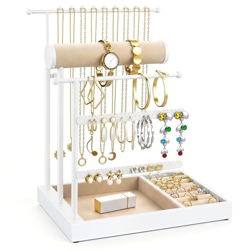 Emibele Necklace Holder Jewelry Organizer Stand, 5 Tier Jewelry Holder | Jewelry Organizers and Storage, Bracelet Earring Holder, Metal Frame Velvet Tray, Elegant Jewelry Stand Tower Gift for Women - color: White