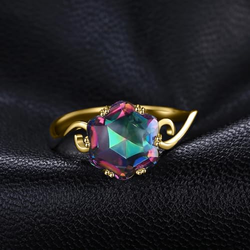 JewelryPalace Fancy Cut 5.7ct Multicolor Genuine Rainbow Quartz Cocktail Rings for Her, 14K White Yellow Rose Gold Plated 925 Sterling Silver Ring for Women, Natural Gemstone Jewelry Rings - color: B-Yellow Gold Plated
