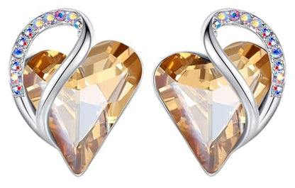 Infinity Love Heart Stud Earrings for Women, Birthstone and Healing Stone, Gifts for Mom, Wife, and Her, Silver Plated - color: 11c-November-Silver Tone-Healing Stone for Power-Yellow Shade