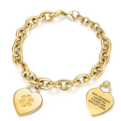 Custom Engraved Medical Alert ID Bracelet for Women | Heart Charm Medical ID Tag | Adjustable Curb Chain with Lobster Claw | Stainless Steel, Durable & Waterproof | Fits Wrists 8.5" (Silver) - style: PVD Gold