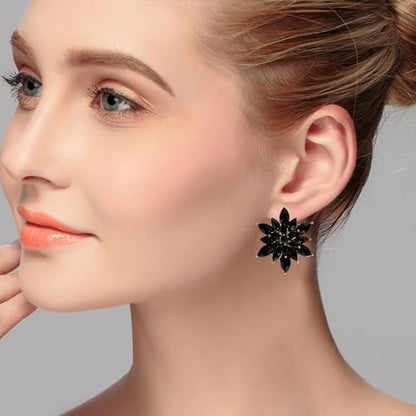 Crystal Flower Burst Stud Earrings Large Big Sparkly CZ Cubic Rhinestone Floral Cluster Flower Stud Earrings Bridal Wedding Party - color: Black