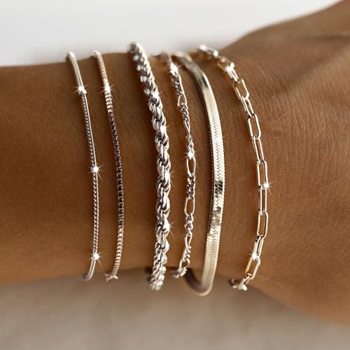 Gold Bracelets Sets for Women Waterproof | Non Tarnish Gold Plated Cuban Paperclip Link Chain Stackable，Trendy Jewelry Accessories Gifts for Women - style: 6Pcs BRACELET SET-06