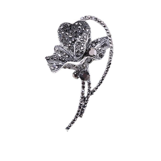 Brooch Pin, Vintage Floral Design In Antique Silver Tone Zinc Alloy With Grey Crystals And Faux Pearl Center - color: MM-BR-0381-BK