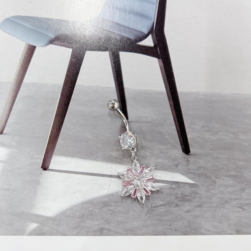 14G Dainty Rhinestone Flower Dangle Navel Ring for Women Fashion Statement Snowflake Crystal Drop Belly Button Rings Sparkly CZ Barbell Stud Sexy Body Piercing Jewelry - color: Silver