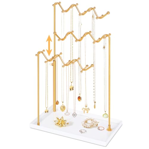 Gold 3-Tier Necklace Holder Organizer Necklace Display Stand with 36 Hooks | Adjustable Jewelry Organizer with Metal Tray, Tall Necklace Tree Rack for for Dresser Small Space, Gift for Women Girl